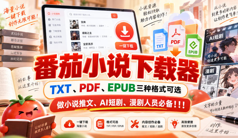 番茄小说下载器，TXT、PDF、EPUB三种格式可选，做小说推文、AI短剧、漫剧人员必备！！！-星辰网创 - 网创副业项目资源站