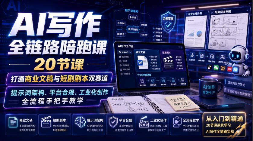AI写作全链路陪跑课｜20节课打通商业文稿与短剧剧本双赛道，提示词架构、平台合规、工业化创作全流程手把手教学-星辰网创 - 网创副业项目资源站