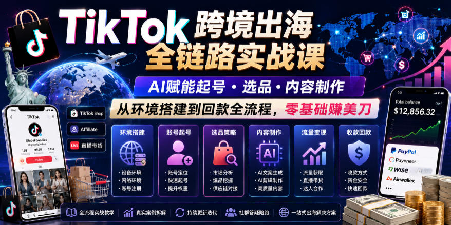 TikTok跨境出海全链路实战课,AI赋能起号・选品・内容制作,从环境搭建到回款全流程,零基础賺美刀-星辰网创 - 网创副业项目资源站