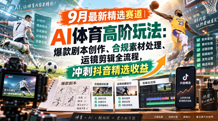 某大佬的9月最新精选赛道之AI体育顶级玩法,爆款剧本创作、版权规避、运镜剪辑全流程,稳拿抖音精选收益-星辰网创 - 网创副业项目资源站