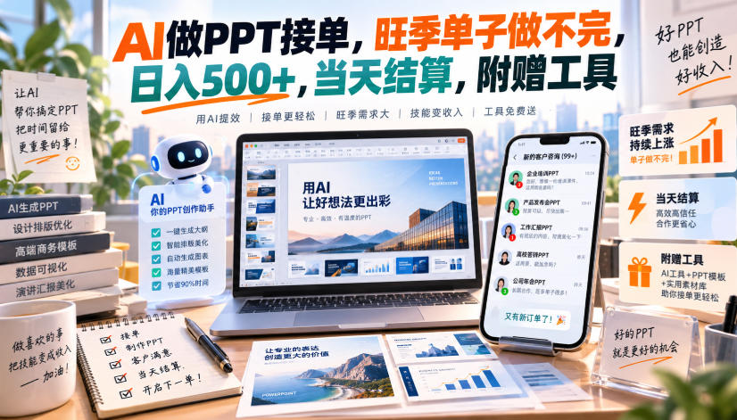 AI做PPT接单,旺季单子做不完,日入500+,当天结算,附赠工具【揭秘】-星辰网创 - 网创副业项目资源站