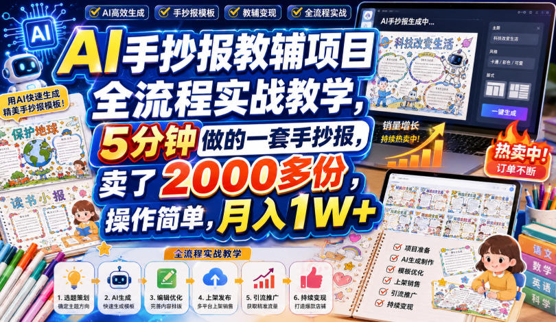 AI手抄报教辅项目全流程实战教学,5分钟做的一套手抄报,卖了2000多份,操作简单,月入1W+-星辰网创 - 网创副业项目资源站