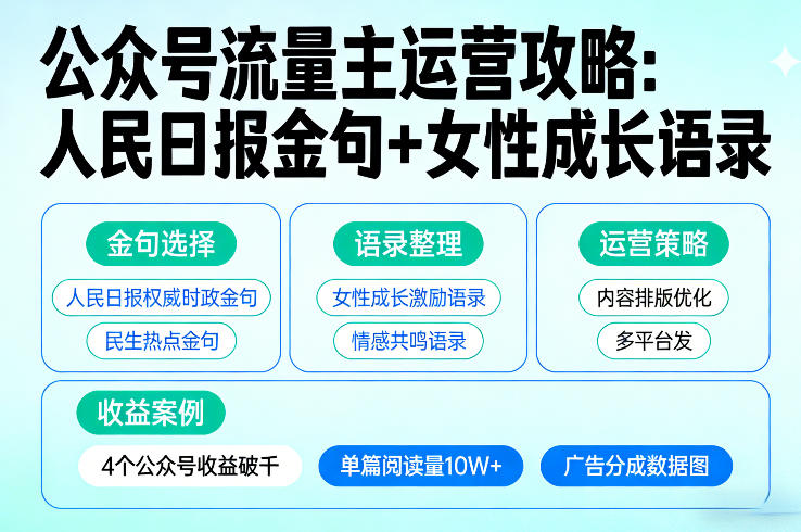 利用人民日报金句+女性成长语录做公众号流量主,4个公众号收益破千