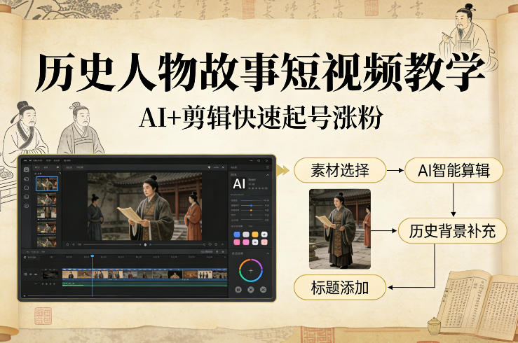 历史人物故事短视频教学,AI+剪辑制作历史人物题材短视频,快速起号涨粉-星辰网创 - 网创副业项目资源站