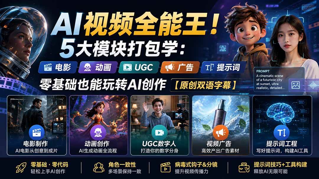 （20048期）AI视频全能王！5大模块打包学：电影、动画、UGC、广告、提示词，零基础也能玩转AI创作【原创双语字幕】 - 星辰网创 - 网创副业项目资源站-星辰网创 - 网创副业项目资源站