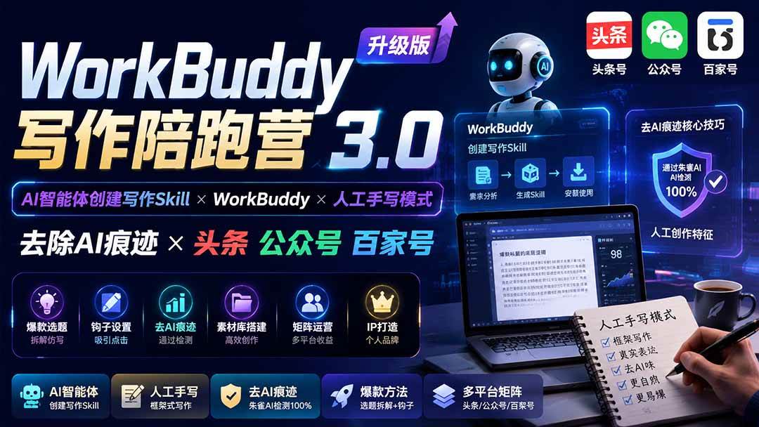 （20311期）WorkBuddy写作陪跑营3.0-更新：Ai智能体创建写作Skill×WorkBuddy×人工手写模式×去除AI痕迹×头条公众号百家号-星辰网创 - 网创副业项目资源站