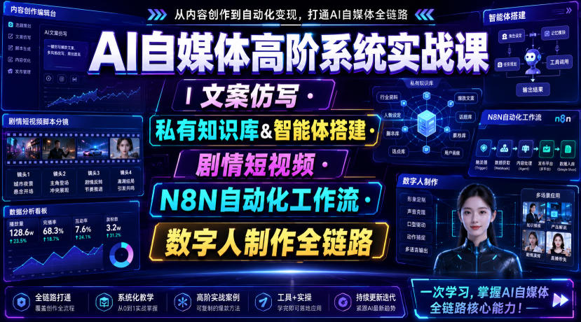 AI自媒体高阶系统实战课|文案仿写・私有知识库&智能体搭建・剧情短视频・N8N自动化工作流・数字人制作全链路-星辰网创 - 网创副业项目资源站
