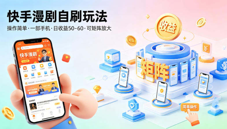 快手漫剧自刷玩法，操作简单，一部手机就可以做，一天50-60收益，可矩阵放大【揭秘】-星辰网创 - 网创副业项目资源站