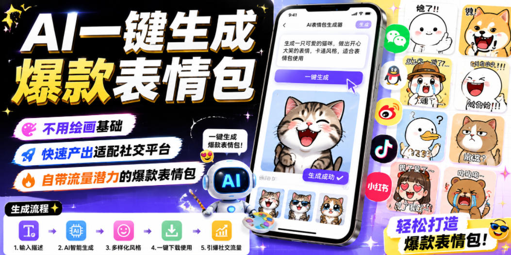 AI一键生成爆款表情包,不用绘画基础,快速产出适配社交平台,自带流量潜力的爆款表情包-星辰网创 - 网创副业项目资源站