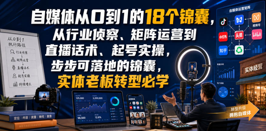 自媒体从0到1的18个锦囊,从行业侦察、矩阵运营到直播话术、起号实操,步步可落地的锦囊,实体老板转型必学-星辰网创 - 网创副业项目资源站