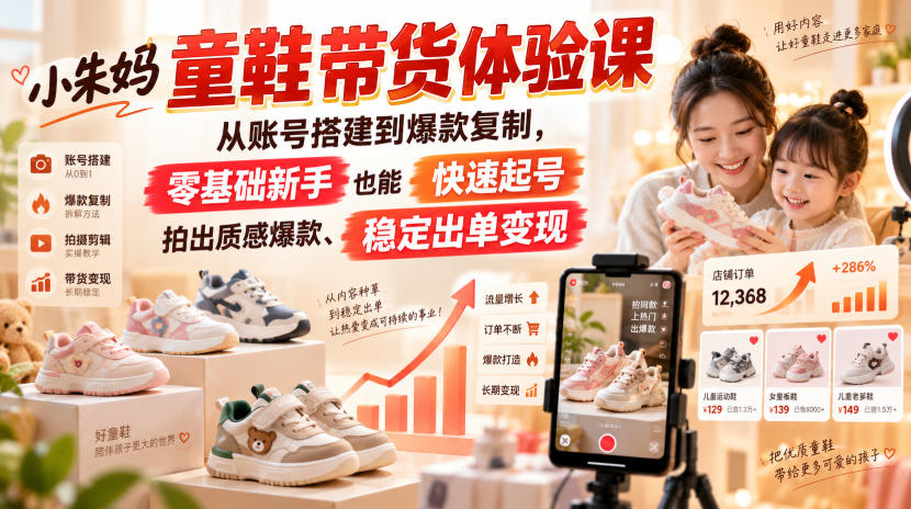 小朱妈童鞋带货体验课,从账号搭建到爆款复制,零基础新手也能快速起号、拍出质感爆款、稳定出单变现-星辰网创 - 网创副业项目资源站