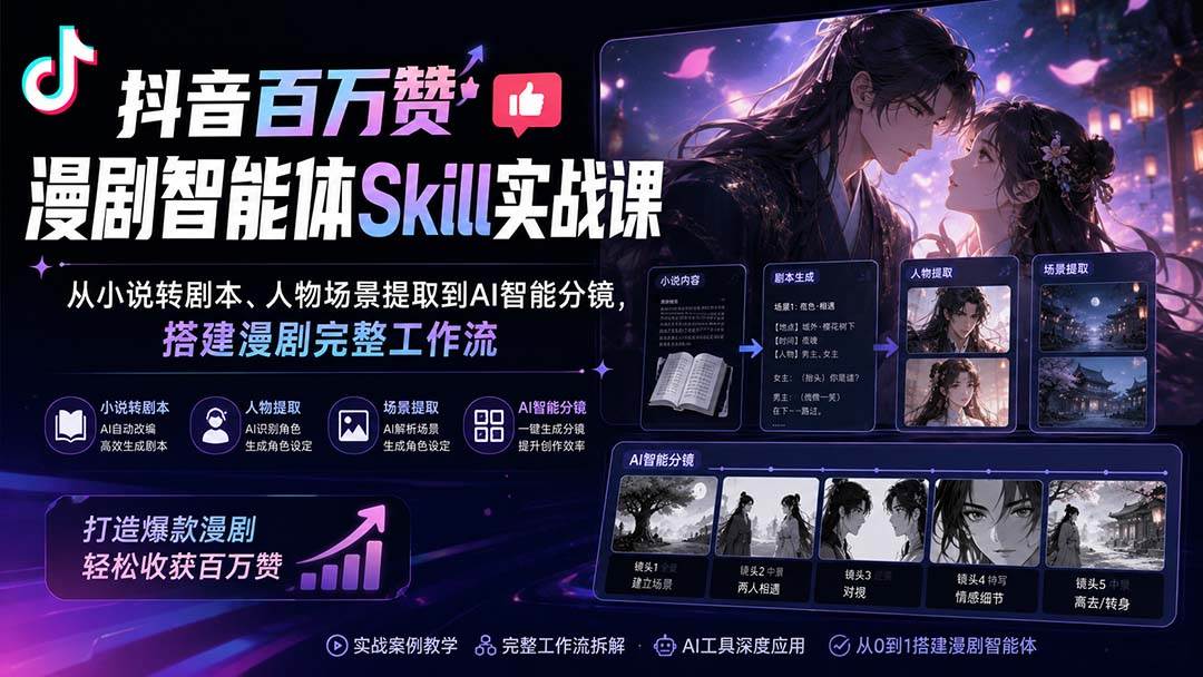 (20172期)抖音百万赞漫剧智能体Skill实战课:从小说转剧本、人物场景提取到AI智能分镜,搭建漫剧完整工作流-星辰网创 - 网创副业项目资源站