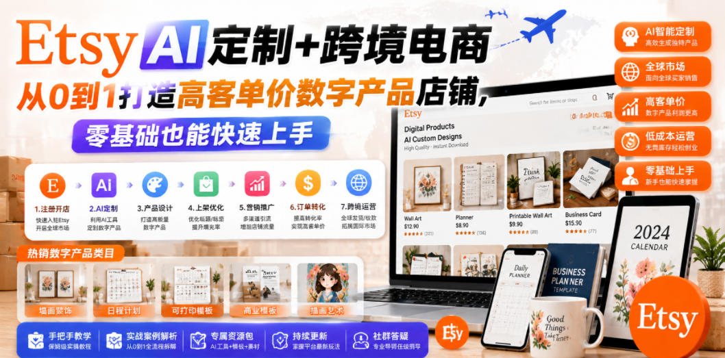 Etsy AI定制+跨境电商,从0到1打造高客单价数字产品店铺,零基础也能快速上手-星辰网创 - 网创副业项目资源站