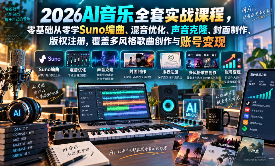 2026AI音乐实战课程,零基础从零学Suno编曲、混音优化、声音克隆、版权注册,覆盖多风格歌曲创作与账号变现-星辰网创 - 网创副业项目资源站