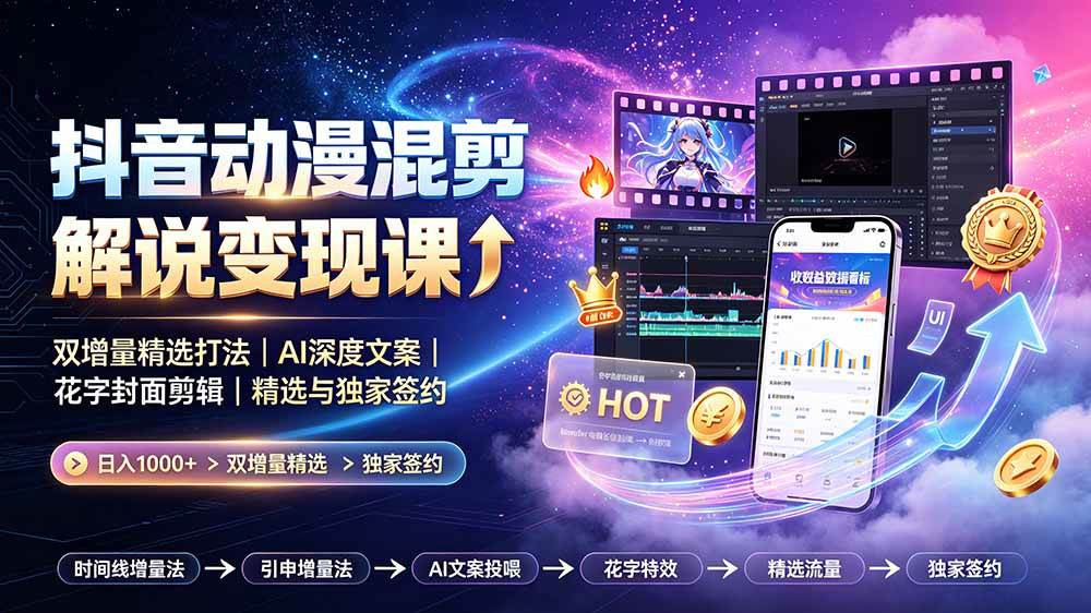 (19311期)抖音动漫混剪解说变现课:双增量精选打法|AI深度文案|花字封面剪辑| 精选与独家签约日入1000+-星辰网创 - 网创副业项目资源站