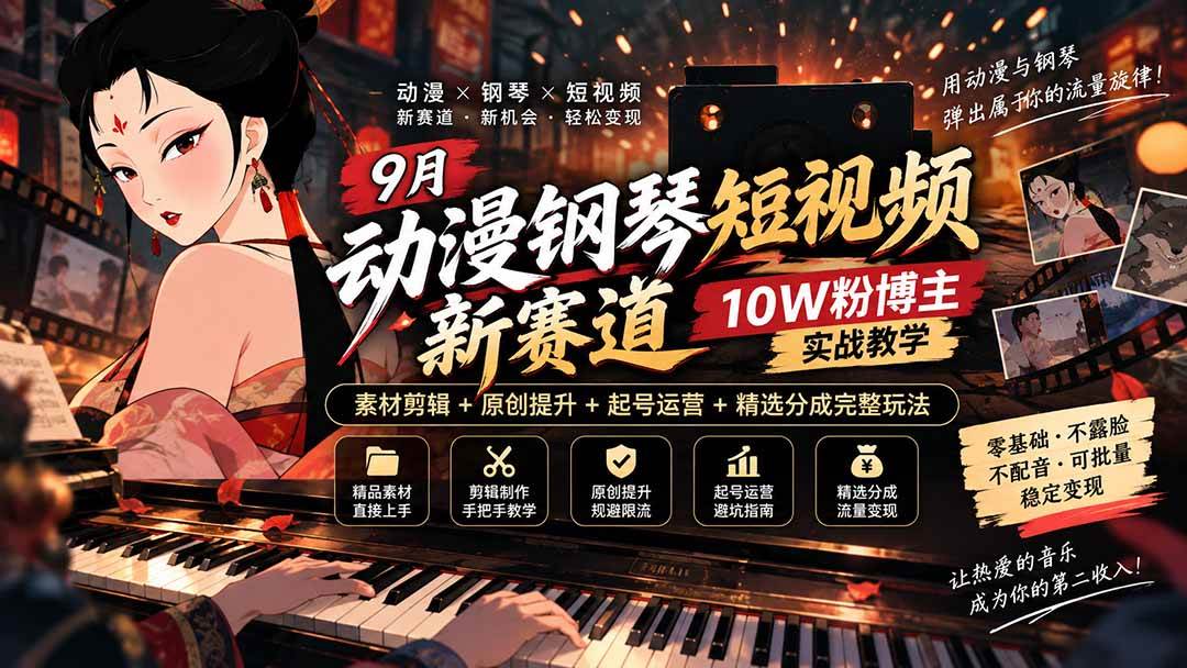 (20506期)9月动漫钢琴短视频新赛道|10W粉博主实战教学,素材剪辑+原创提升+起号运营+精选分成完整玩法-星辰网创 - 网创副业项目资源站