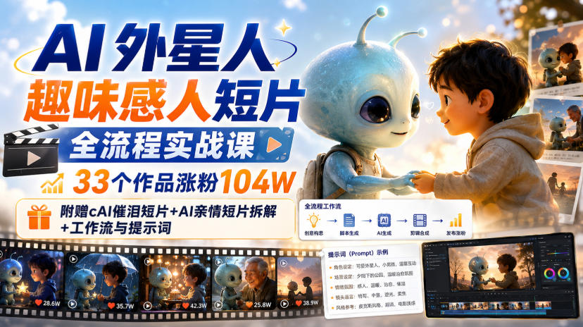 AI外星人趣味感人短片全流程实战课,33个作品涨粉104W,附赠AI催泪短片+AI亲情短片拆解+工作流与提示词-星辰网创 - 网创副业项目资源站