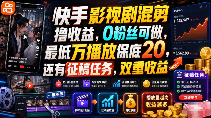 快手影视剧混剪撸收益,0粉丝可做,最低万播放保底20,还有征稿任务,双重收益-星辰网创 - 网创副业项目资源站