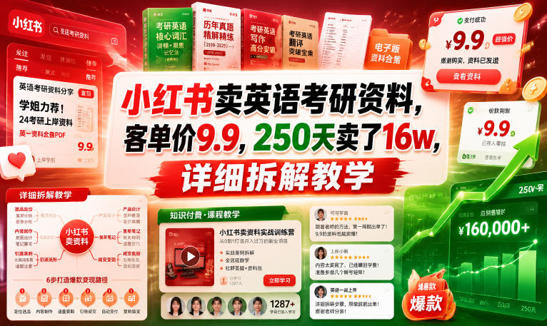 小红书卖英语考研资料,客单价9.9,250天卖了16w,详细拆解教学-星辰网创 - 网创副业项目资源站
