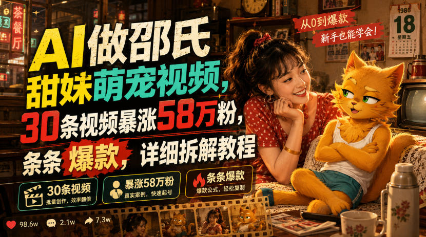 AI做邵氏甜妹萌宠视频,30条视频暴涨58万粉,条条爆款,详细拆解教程-星辰网创 - 网创副业项目资源站