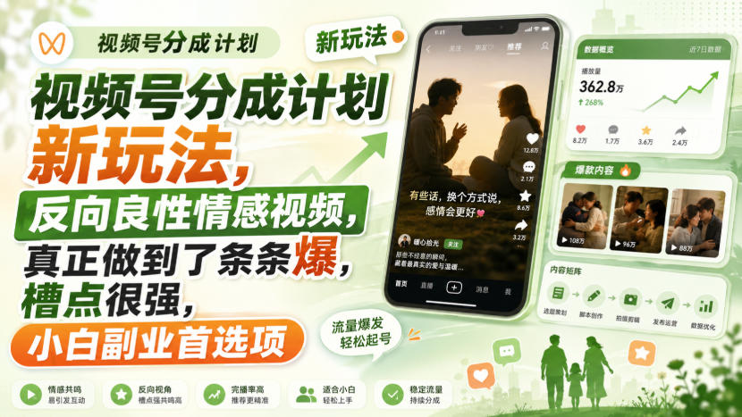 视频号分成计划新玩法,反向良性情感视频,真正做到了条条爆,槽点很强,小白副业首选项-星辰网创 - 网创副业项目资源站