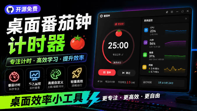 仅1.16MB,开源极简的桌面时钟、番茄钟计时器,还支持系统监控显示,桌面效率小工具Catime-星辰网创 - 网创副业项目资源站