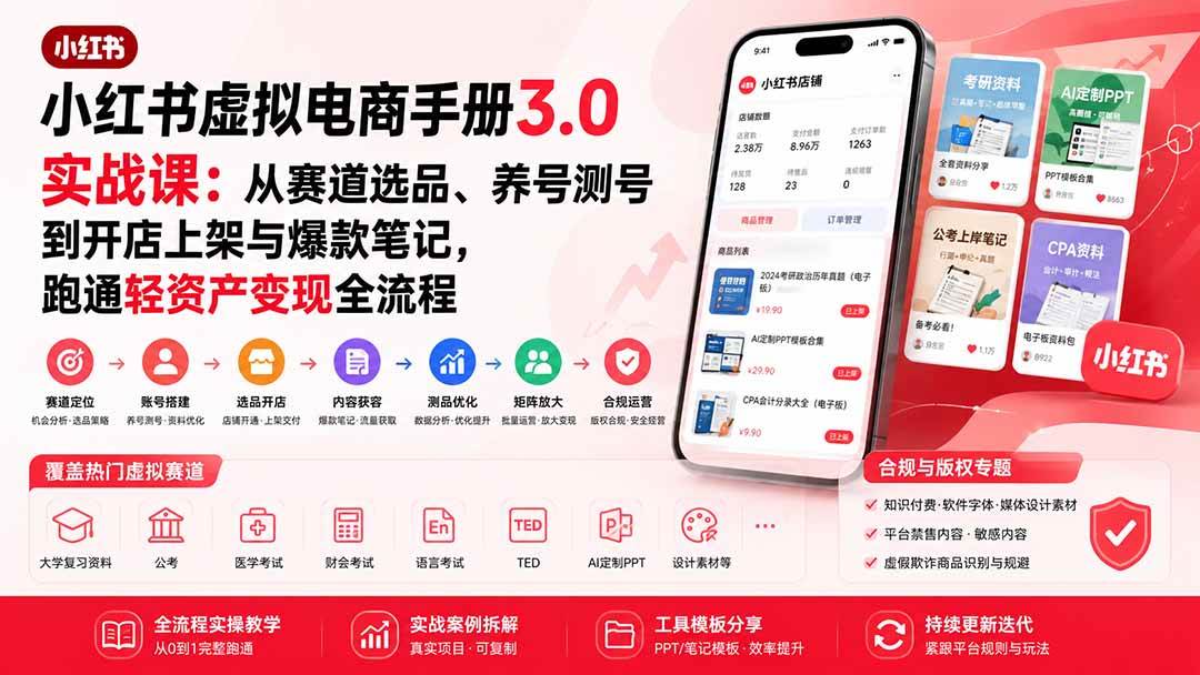 (20054期)小红书虚拟电商手册3.0实战课:从赛道选品、养号测号到开店上架与爆款笔记,跑通轻资产变现全流程-星辰网创 - 网创副业项目资源站