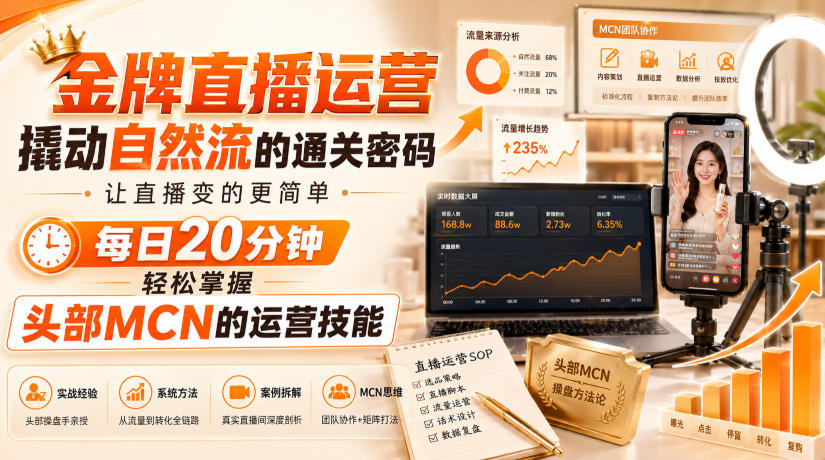 金牌直播运营撬动自然流的通关密码,让直播变的更简单,每日20分钟,轻松掌握头部MCN的运营技能-星辰网创 - 网创副业项目资源站