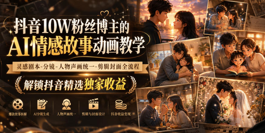 抖音10W粉丝博主的AI情感故事动画教学,灵感剧本‑分镜‑人物声画统一‑剪辑封面全流程,解锁抖音精选独家收益-星辰网创 - 网创副业项目资源站