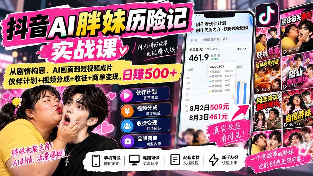 (20489期)抖音AI胖妹历险记实战课:从剧情构思、AI画面到短视频成片,伙伴计划+视频分成+收徒+商单变现,日赚500+-星辰网创 - 网创副业项目资源站