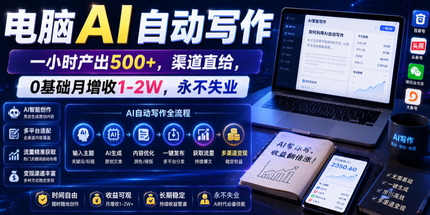 电脑AI自动写作,一小时产出500+,渠道直给,0基础月增收1-2W,永不失业【揭秘】-星辰网创 - 网创副业项目资源站