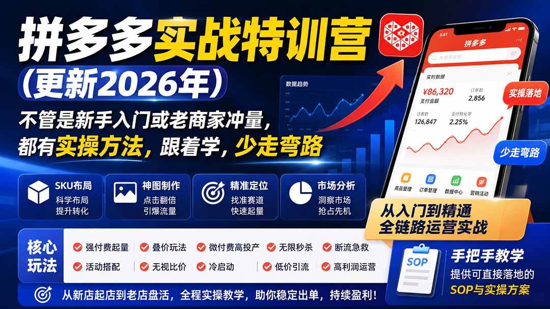 (20280期)拼多多实战特训营(更新26年9月):不管是新手入门或老商家冲量,都有实操方法,跟着学,少走弯路-星辰网创 - 网创副业项目资源站