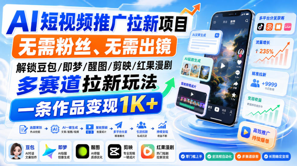 AI短视频推广拉新项目,无需粉丝、无需出镜,解锁豆包/即梦/醒图/剪映/红果漫剧多赛道拉新玩法,一条作品变现1K+-星辰网创 - 网创副业项目资源站