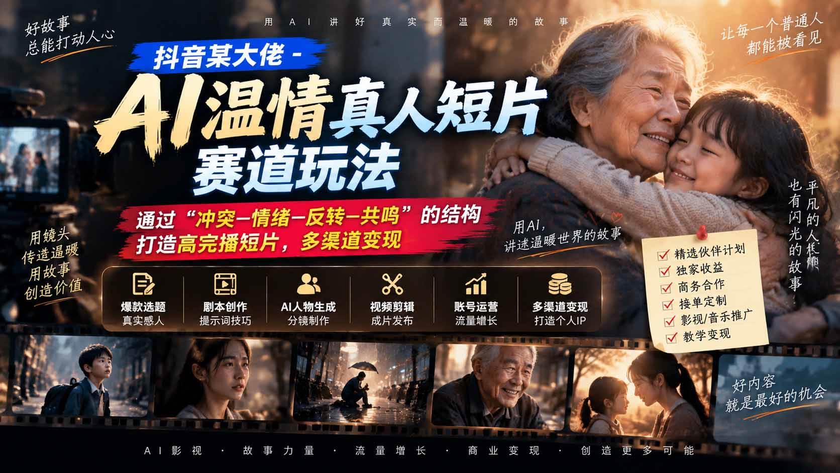 (20538期)抖音某大佬-AI温情真人短片赛道玩法:通过“冲突—情绪—反转—共鸣”的结构打造高完播短片,多渠道变现-星辰网创 - 网创副业项目资源站