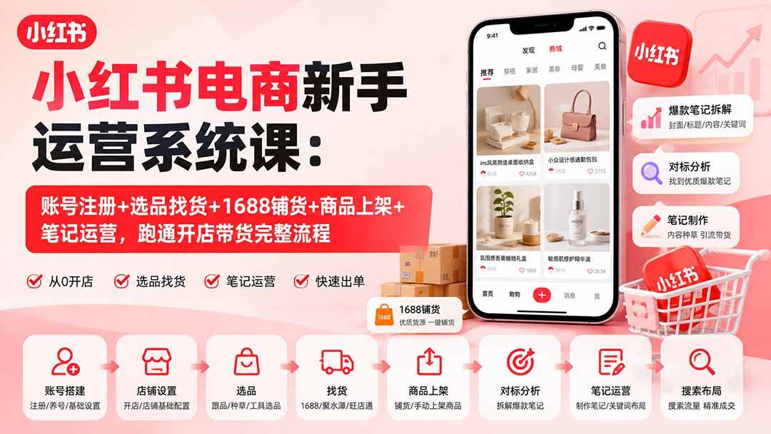 (20219期)小红书电商新手运营系统课:账号注册+选品找货+1688铺货+商品上架+笔记运营,跑通开店带货完整流程-星辰网创 - 网创副业项目资源站