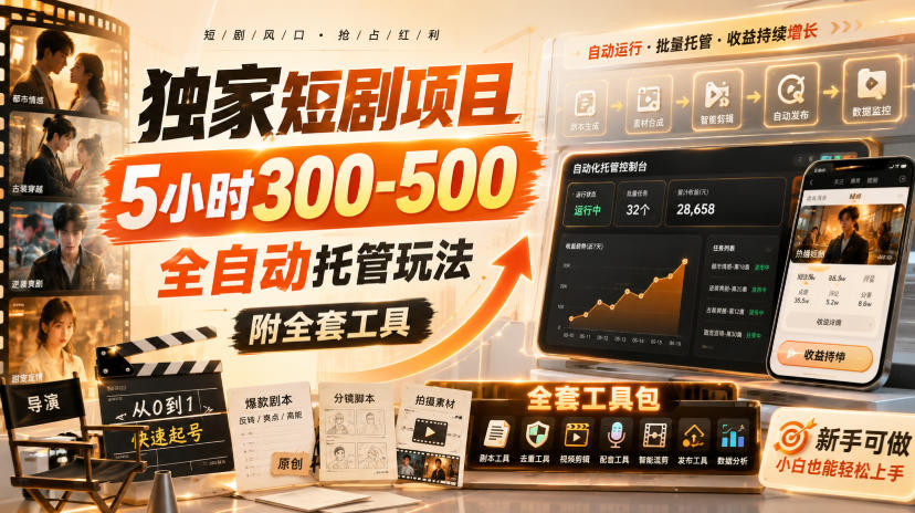 独家短剧项目,5小时300-500,全自动托管玩法,附全套工具【揭秘】-星辰网创 - 网创副业项目资源站