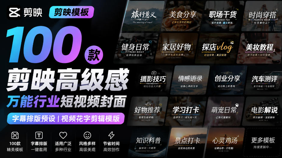 【剪映模板】100款剪映高级感万能行业短视频封面字幕排版预设视频花字剪辑模版 - 星辰网创 - 网创副业项目资源站-星辰网创 - 网创副业项目资源站