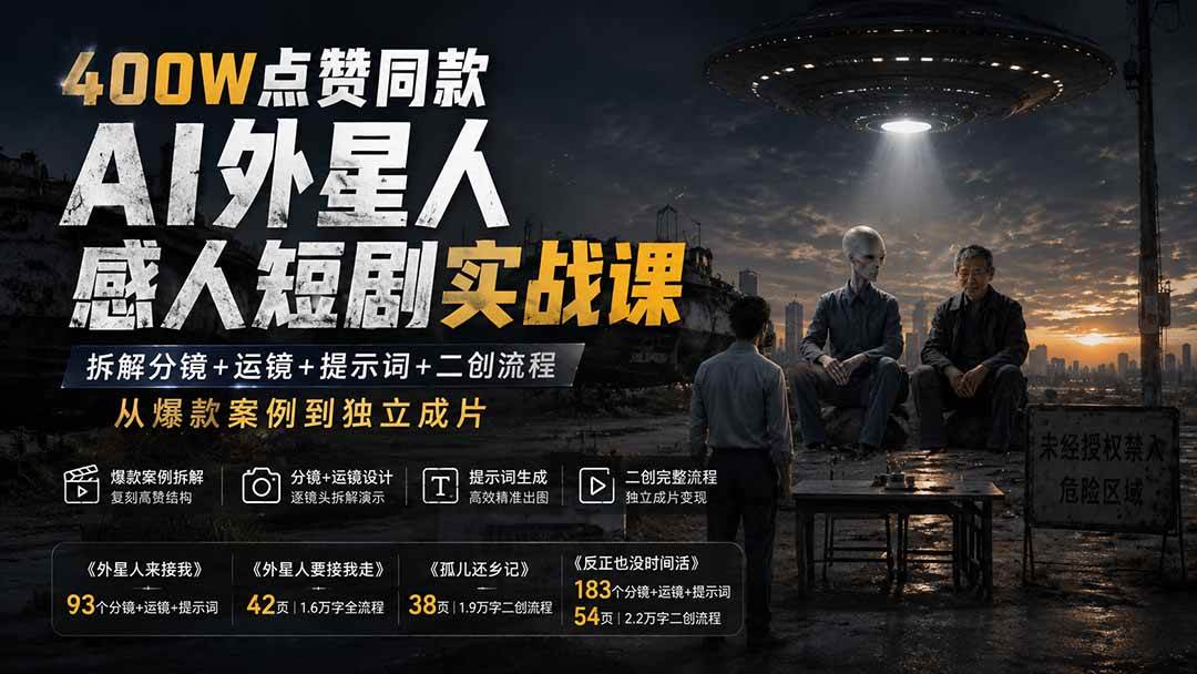 (20052期)400W点赞同款AI外星人感人短剧实战课:拆解分镜+运镜+提示词+二创流程,从爆款案例到独立成片-星辰网创 - 网创副业项目资源站