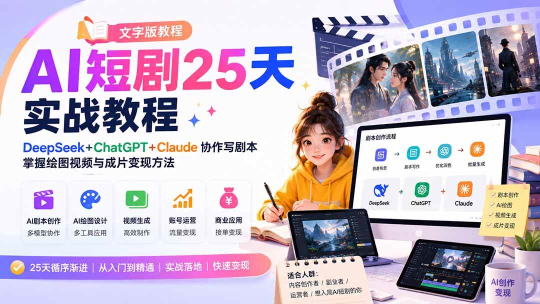 (20225期)AI短剧25天实战教程(文字版教程):DeepSeek+ChatGPT+Claude协作写剧本,掌握绘图视频与成片变现方法-星辰网创 - 网创副业项目资源站
