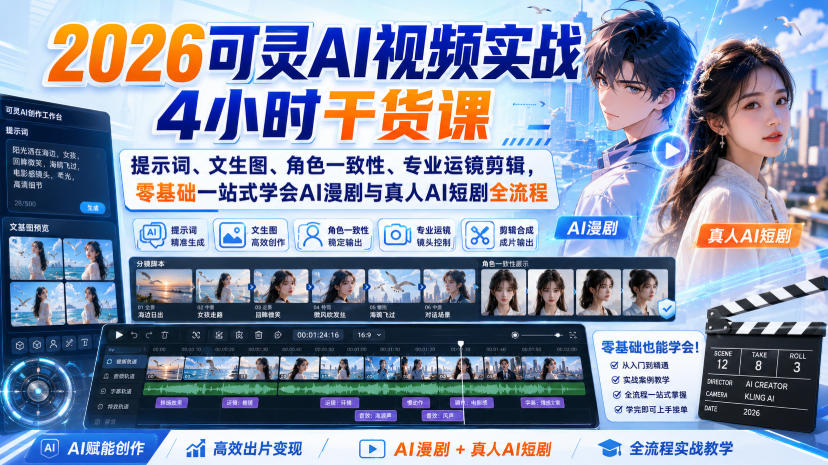 2026可灵AI视频实战4小时干货课|提示词、文生图、角色一致性、专业运镜剪辑,零基础一站式学会AI漫剧与真人AI短剧全流程-星辰网创 - 网创副业项目资源站