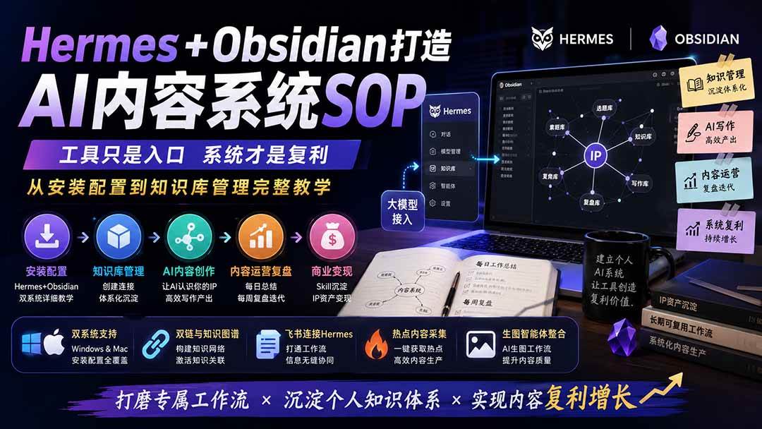 (19861期)Hermes+Obsidian打造AI内容系统SOP;工具只是入口系统才是复利,从安装配置到知识库管理完整教学-星辰网创 - 网创副业项目资源站