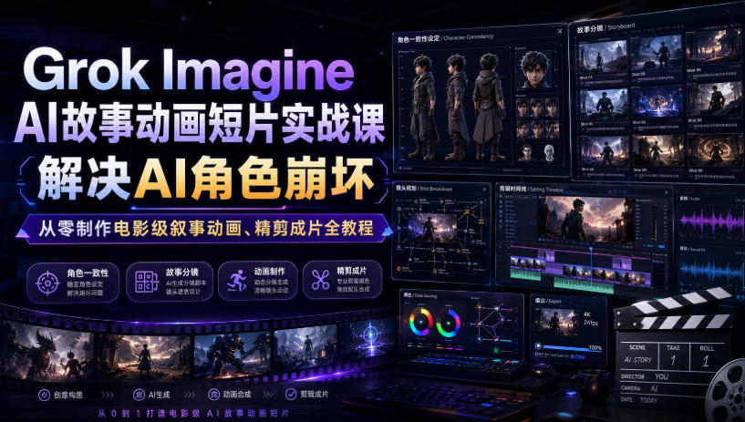 Grok Imagine AI故事动画短片实战课|解决AI角色崩坏,从零制作电影级叙事动画、精剪成片全教程(中英字幕)-星辰网创 - 网创副业项目资源站