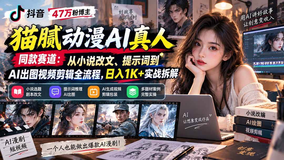 （20524期）抖音47万粉博主猫腻动漫AI真人同款赛道：从小说改文、提示词到AI出图视频剪辑全流程，日入1K+实战拆解-星辰网创 - 网创副业项目资源站