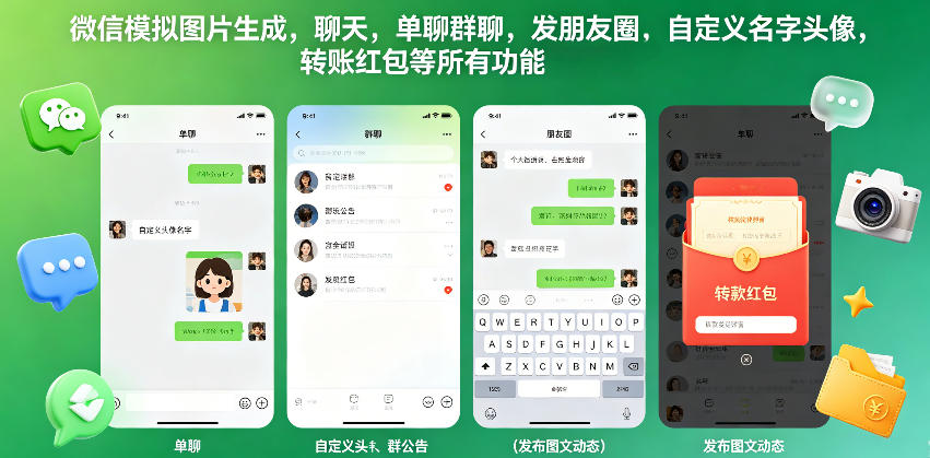 微信模拟图片生成,聊天,单聊群聊,发朋友圈,自定义名字头像,转账红包等所有功能都可以生成-星辰网创 - 网创副业项目资源站