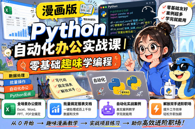 漫画版Python自动化办公实战课｜零基础趣味学编程，全场景办公提效、批量搞定报表文档、解放双手进阶职场 - 星辰网创 - 网创副业项目资源站-星辰网创 - 网创副业项目资源站