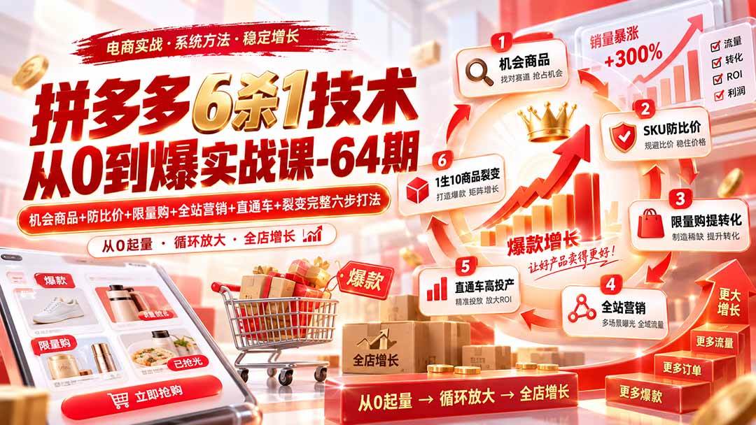 (20315期)拼多多6杀1技术从0到爆实战课-64期:机会商品+防比价+限量购+全站营销+直通车+裂变完整六步打法-星辰网创 - 网创副业项目资源站