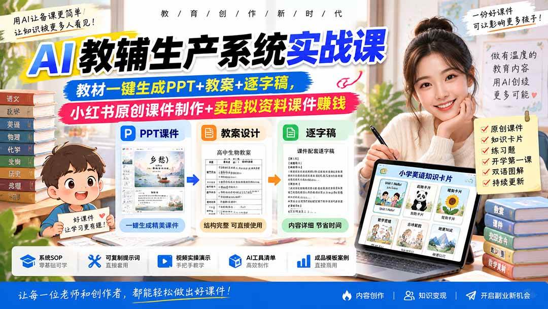 （20542期）AI教辅生产系统实战课｜教材一键生成PPT+教案+逐字稿，小红书原创课件制作+卖虚拟资料课件赚钱-星辰网创 - 网创副业项目资源站