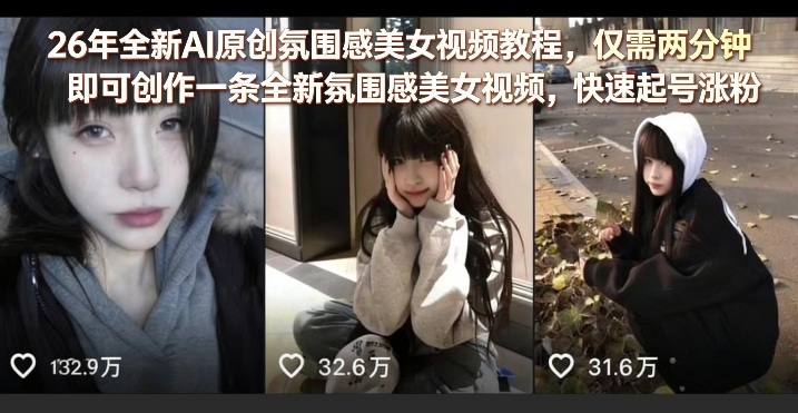 26年全新AI原创氛围感美女视频教程,仅需两分钟即可创作一条全新氛围感美女视频,快速起号涨粉