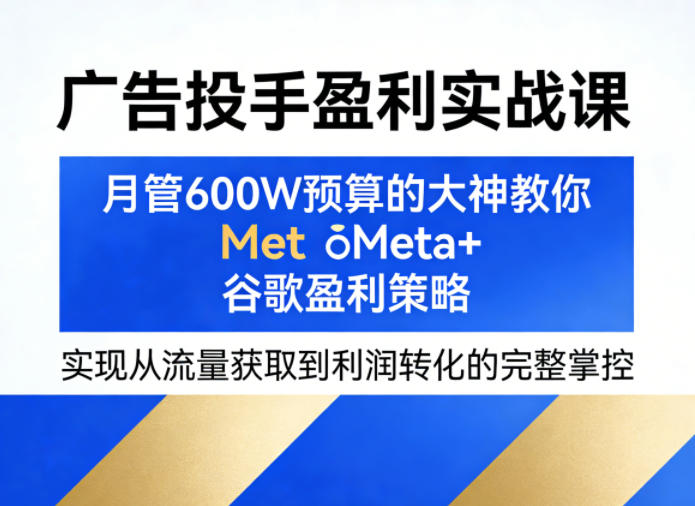 广告投手盈利实战课,月管600W预算的大神教你Meta+谷歌盈利策略,实现从流量获取到利润转化的完整掌控