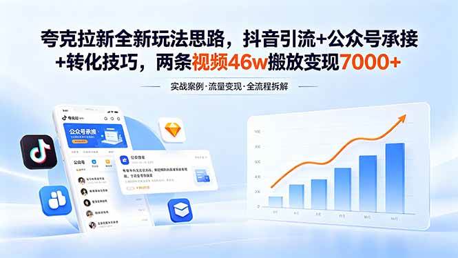 (18416期)夸克拉新全新玩法思路,抖音引流+公众号承接+转化技巧,两条视频46w搬放 变现7000+-星辰网创 - 网创副业项目资源站